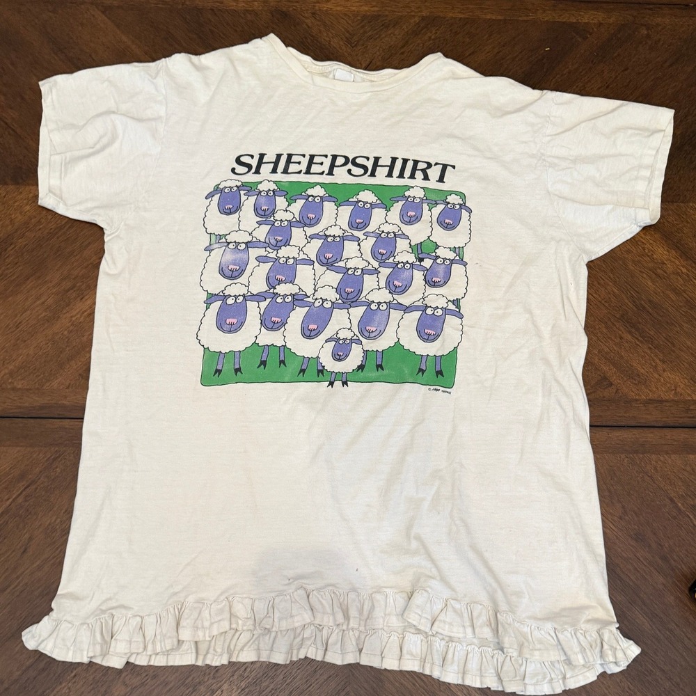 Vintage 1989 Clovis Sheepshirt Graphic Ruffle Hem T-Shirt White XL Made in USA